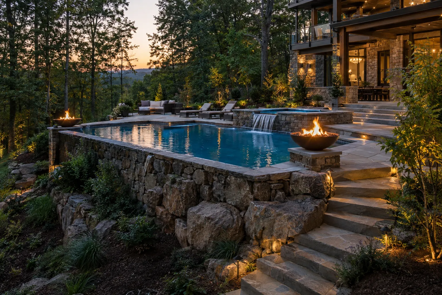 Pool on a terraced, sloped backyard with stone retaining walls and fire bowls