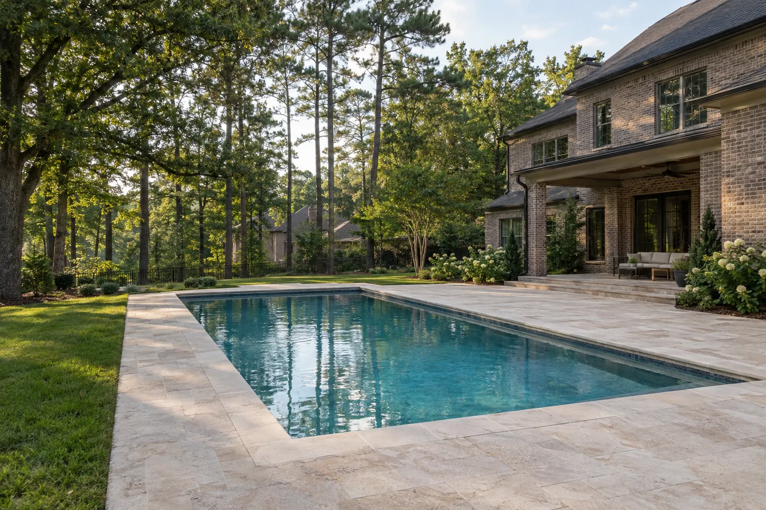 Inground pool with a travertine deck behind a brick home on a wooded lot