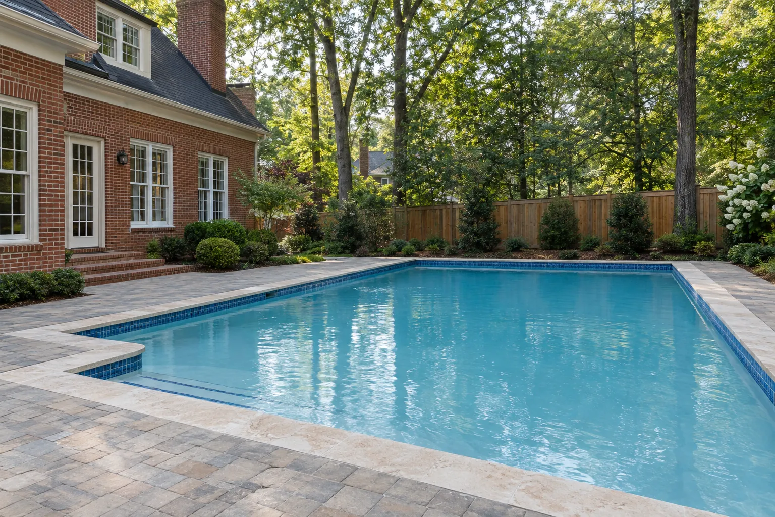 Renovated pool with new waterline tile, coping and a paver deck behind a brick home