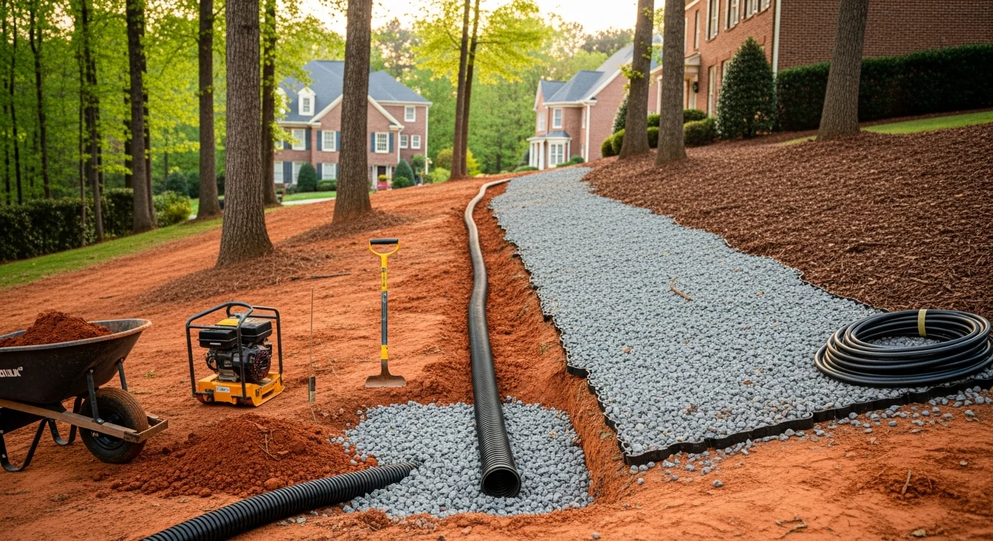 Residential drainage and erosion-control work on a sloped property